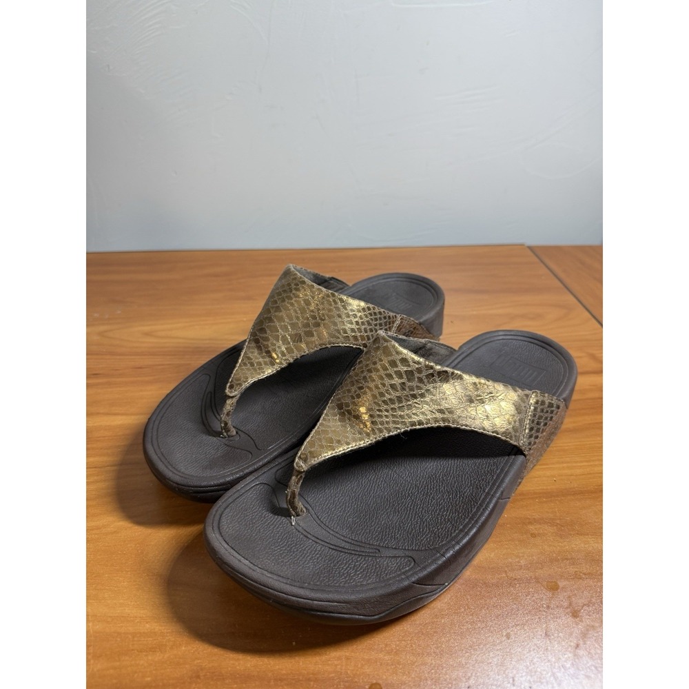 Fitflop Sandals Women's Size 9 Lulu Metallic Snake Flip Flop Thong Bronze
